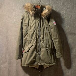 Faux Fur Trim Hooded Rookie Military Parka Jacket- size L